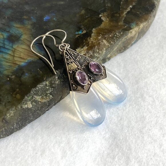 Sterling Silver 925 Oval Bezel Set Amethyst & Opalite Teardrop Dangle Earrings - Picture 2 of 16